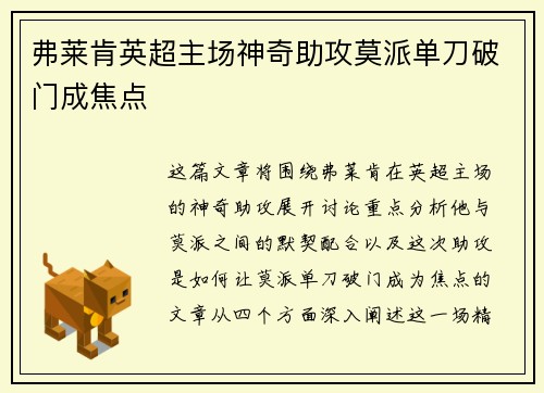 弗莱肯英超主场神奇助攻莫派单刀破门成焦点 弗莱肯英超主场神奇助攻莫派单刀破门成焦点