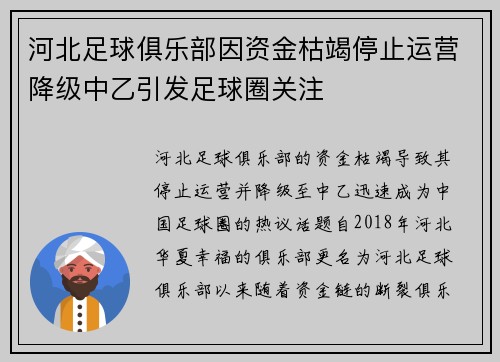 河北足球俱乐部因资金枯竭停止运营降级中乙引发足球圈关注 河北足球俱乐部因资金枯竭停止运营降级中乙引发足球圈关注