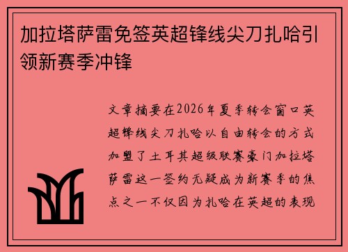 加拉塔萨雷免签英超锋线尖刀扎哈引领新赛季冲锋